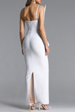 SCULPTURAL NECKLINE CRYSTAL EMBELLISHED BANDAGE MAXI DRESS