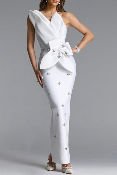 SCULPTURAL NECKLINE CRYSTAL EMBELLISHED BANDAGE MAXI DRESS