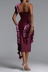 SINGLE SHOULDER RUFFLE DROP STRAPLESS BANDAGE DRESS (BURGUNDY)