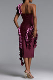 SINGLE SHOULDER RUFFLE DROP STRAPLESS BANDAGE DRESS (BURGUNDY)