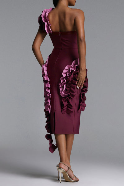 SINGLE SHOULDER RUFFLE DROP STRAPLESS BANDAGE DRESS (BURGUNDY)