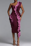 SINGLE SHOULDER RUFFLE DROP STRAPLESS BANDAGE DRESS (BURGUNDY)