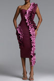 SINGLE SHOULDER RUFFLE DROP STRAPLESS BANDAGE DRESS (BURGUNDY)