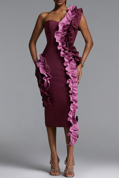 SINGLE SHOULDER RUFFLE DROP STRAPLESS BANDAGE DRESS (BURGUNDY)
