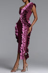 SINGLE SHOULDER RUFFLE DROP STRAPLESS BANDAGE DRESS (BURGUNDY)