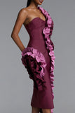 SINGLE SHOULDER RUFFLE DROP STRAPLESS BANDAGE DRESS (BURGUNDY)