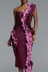 SINGLE SHOULDER RUFFLE DROP STRAPLESS BANDAGE DRESS (BURGUNDY)