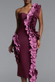 SINGLE SHOULDER RUFFLE DROP STRAPLESS BANDAGE DRESS (BURGUNDY)