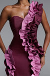 SINGLE SHOULDER RUFFLE DROP STRAPLESS BANDAGE DRESS (BURGUNDY)