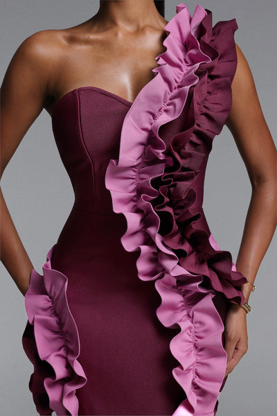 SINGLE SHOULDER RUFFLE DROP STRAPLESS BANDAGE DRESS (BURGUNDY)
