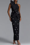 ASYMMETRICAL ONE SHOULDER STRAP CRYSTAL DETAIL BANDAGE DRESS (BLACK)