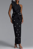 ASYMMETRICAL ONE SHOULDER STRAP CRYSTAL DETAIL BANDAGE DRESS (BLACK)