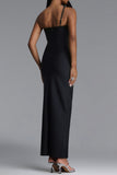 ASYMMETRICAL ONE SHOULDER STRAP CRYSTAL DETAIL BANDAGE DRESS (BLACK)