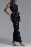 ASYMMETRICAL ONE SHOULDER STRAP CRYSTAL DETAIL BANDAGE DRESS (BLACK)