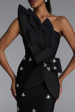 ASYMMETRICAL ONE SHOULDER STRAP CRYSTAL DETAIL BANDAGE DRESS (BLACK)