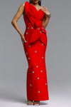 ASYMMETRICAL ONE SHOULDER STRAP CRYSTAL DETAIL BANDAGE DRESS (RED)