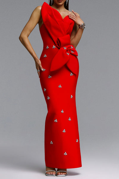 ASYMMETRICAL ONE SHOULDER STRAP CRYSTAL DETAIL BANDAGE DRESS (RED)