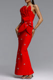 ASYMMETRICAL ONE SHOULDER STRAP CRYSTAL DETAIL BANDAGE DRESS (RED)