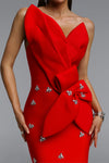 ASYMMETRICAL ONE SHOULDER STRAP CRYSTAL DETAIL BANDAGE DRESS (RED)