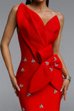 ASYMMETRICAL ONE SHOULDER STRAP CRYSTAL DETAIL BANDAGE DRESS (RED)