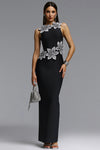 ELEGANT 3D CRYSTAL FLORAL BANDAGE MAXI DRESS (BLACK)