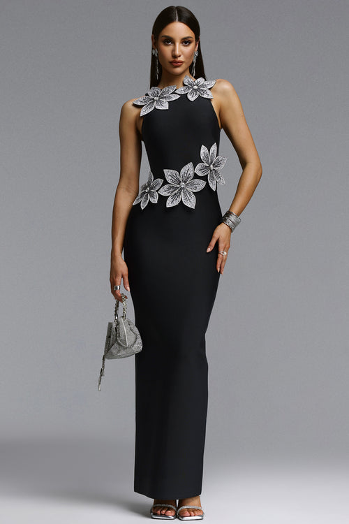ELEGANT 3D CRYSTAL FLORAL BANDAGE MAXI DRESS (BLACK)