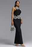 ELEGANT 3D CRYSTAL FLORAL BANDAGE MAXI DRESS (BLACK)