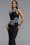 ELEGANT 3D CRYSTAL FLORAL BANDAGE MAXI DRESS (BLACK)