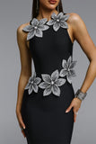 ELEGANT 3D CRYSTAL FLORAL BANDAGE MAXI DRESS (BLACK)