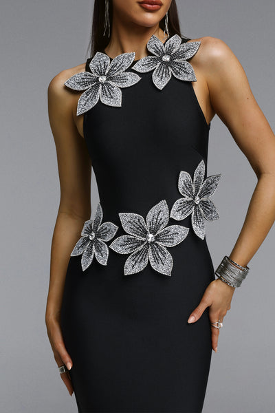 ELEGANT 3D CRYSTAL FLORAL BANDAGE MAXI DRESS (BLACK)