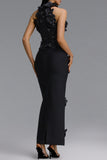 3D FLORAL SEQUIN EMBELLISHED BANDAGE MAXI DRESS (BLACK)