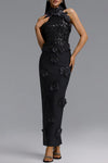 3D FLORAL SEQUIN EMBELLISHED BANDAGE MAXI DRESS (BLACK)