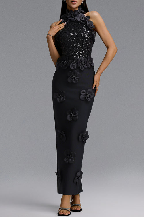 3D FLORAL SEQUIN EMBELLISHED BANDAGE MAXI DRESS (BLACK)
