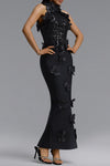 3D FLORAL SEQUIN EMBELLISHED BANDAGE MAXI DRESS (BLACK)