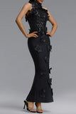 3D FLORAL SEQUIN EMBELLISHED BANDAGE MAXI DRESS (BLACK)
