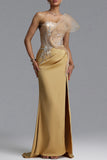 ASYMMETRICAL MESH WING DRAPED MERMAID GOWN (GOLD)