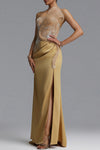 ASYMMETRICAL MESH WING DRAPED MERMAID GOWN (GOLD)