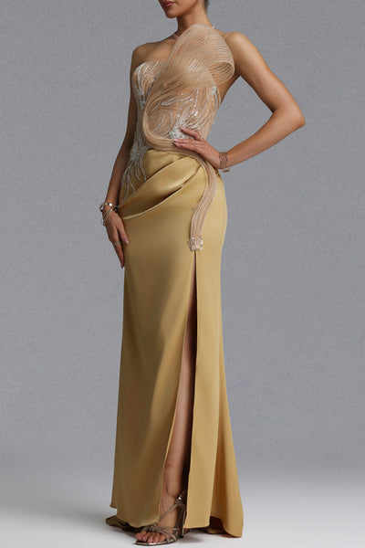 ASYMMETRICAL MESH WING DRAPED MERMAID GOWN (GOLD)