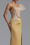 ASYMMETRICAL MESH WING DRAPED MERMAID GOWN (GOLD)