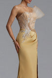ASYMMETRICAL MESH WING DRAPED MERMAID GOWN (GOLD)