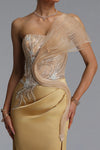 ASYMMETRICAL MESH WING DRAPED MERMAID GOWN (GOLD)