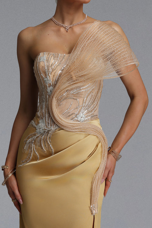 ASYMMETRICAL MESH WING DRAPED MERMAID GOWN (GOLD)