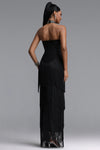 ELEGANT STRAPLESS RHINESTONE BODICE FRINGE MAXI DRESS WITH CHOCKER (BLACK)