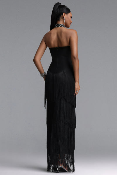 ELEGANT STRAPLESS RHINESTONE BODICE FRINGE MAXI DRESS WITH CHOCKER (BLACK)