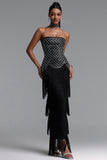ELEGANT STRAPLESS RHINESTONE BODICE FRINGE MAXI DRESS WITH CHOCKER (BLACK)