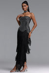 ELEGANT STRAPLESS RHINESTONE BODICE FRINGE MAXI DRESS WITH CHOCKER (BLACK)
