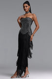 ELEGANT STRAPLESS RHINESTONE BODICE FRINGE MAXI DRESS WITH CHOCKER (BLACK)