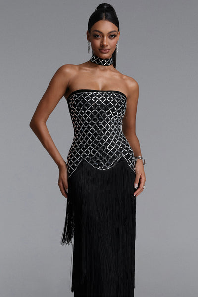 ELEGANT STRAPLESS RHINESTONE BODICE FRINGE MAXI DRESS WITH CHOCKER (BLACK)