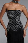 ELEGANT STRAPLESS RHINESTONE BODICE FRINGE MAXI DRESS WITH CHOCKER (BLACK)