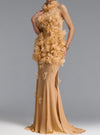 ELEGANT HIGH NECK FLORAL MESH BEIGE MAXI DRESS